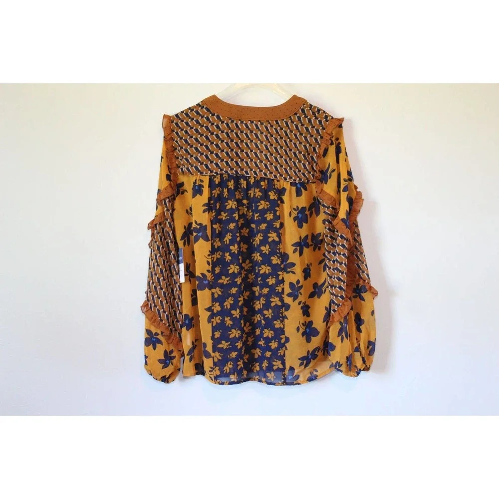 NWT Cabi Floral Harmony Ruffle Boho Blouse 3953 Brown Blue Size Small H14864 - Picture 8 of 12